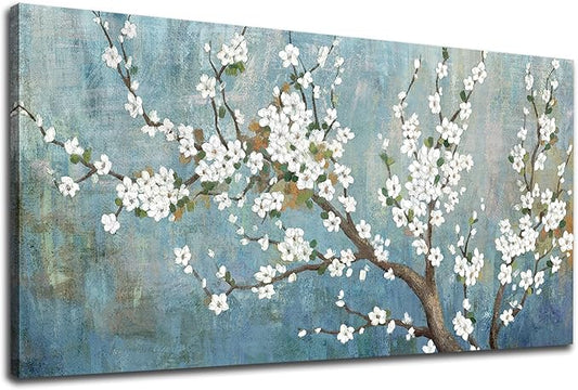 Elegant Flowers Canvas Wall Art - Plum Blossom Pictures for Wall Decor Rustic Turquoise Canvas Painting Nature Printing Artwork for Living Room Bedroom Home Office Wall Decoration 24" x 48"