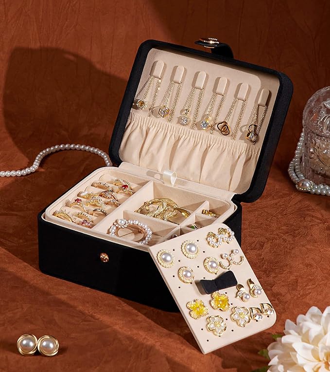 Homde Jewelry Box Small for Women: Ring Earring Organizer Storage for Dresser - Necklace Bracelets Holder with Multi Compartments(Black)