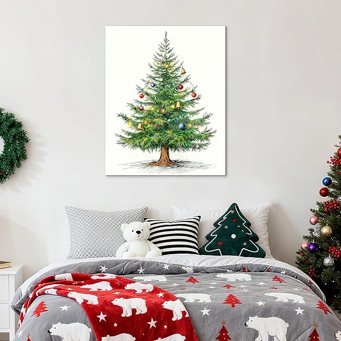 Framed Christmas Pictures Wall Decor,Vintage Pine Tree Prints,Winter Christmas Canvas Wall Art Decoration for Bedroom Bathroom Living Room Rustic Xmas Holiday Gifts (Christmas Tree 4, 11'' X 14'')