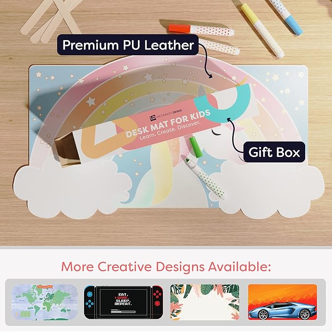 Uncommon Desks Kid's Desk Mat - for Schoolwork Arts & Crafts - Fun Computer & Mouse Pad Blotter - Washable Table Cover - Student School Organizer - Cute Office, Home, School Supplies - Unicorn Design