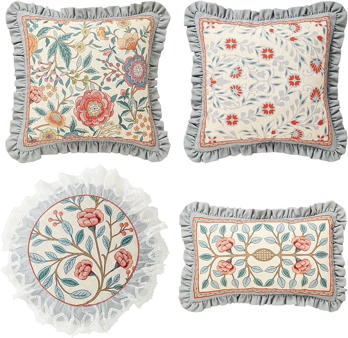 Orange Throw Pillow Covers Set of 4,Cottage Rustic with Blooming Floral Pattern Linen Pillowcases,Decorative Round Square Lumbar Pillows Cushion Covers for Couch Sofa Bed Chair Car