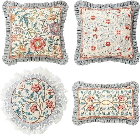 Orange Throw Pillow Covers Set of 4,Cottage Rustic with Blooming Floral Pattern Linen Pillowcases,Decorative Round Square Lumbar Pillows Cushion Covers for Couch Sofa Bed Chair Car