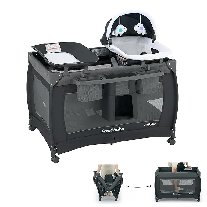 Pamo Babe 1-Second Setup 4-in-1 Playard for Babies - Heavy-Duty Steel Frame for Safe Sleep Space, Portable Crib with Changing Table, Locking Wheels, Breathable Mesh