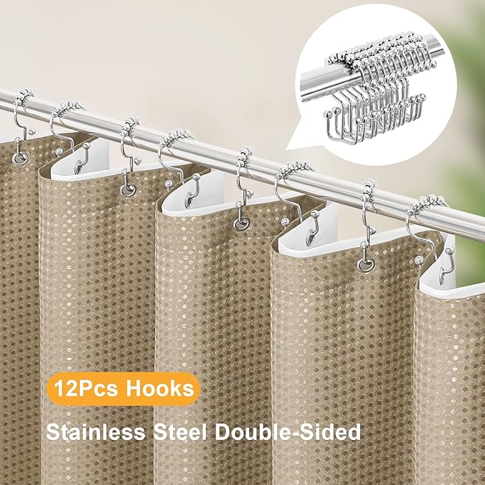 3 in 1 Extra Long Beige Shower Curtain Set-72 W x 84 H, Tan Waffle and PEVA Liner Set with 12 Stainless Steel Hooks, Waterproof Fabric for Bathroom