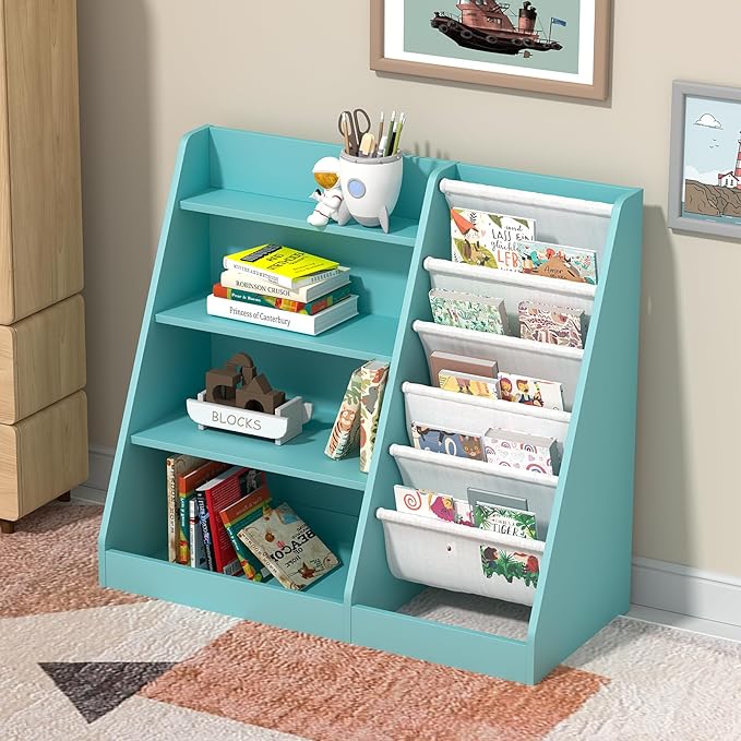 4 Tier Kids Bookshelf Wooden, Five Layer Sling Children Bookcase, Baby Toddler Storage Book Rack, Book and Toy Organizer Cabinet Chest, Book Display Shelf Stand, Playroom Nursery Classroom Library