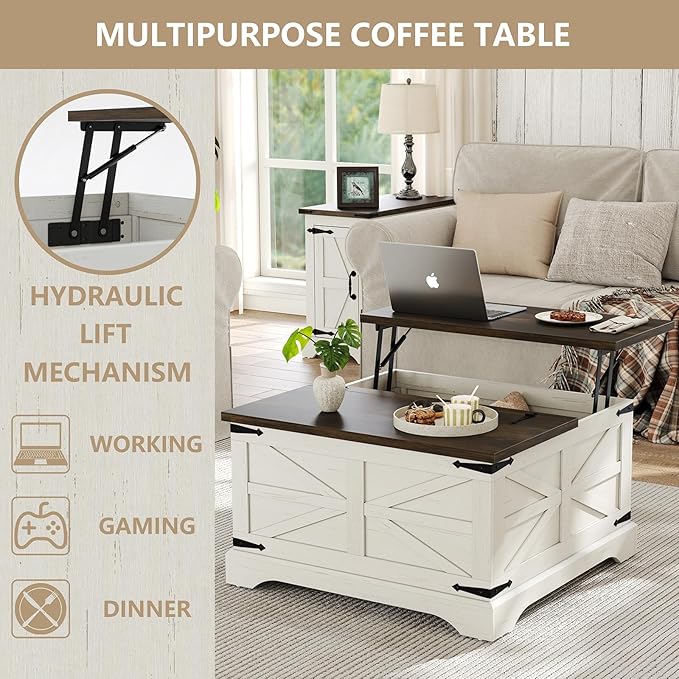 Furnideco Farmhouse Lift Top Coffee Table, Square Wood Center Table with Large Hidden Storage Compartment for Living Room, Rustic Cocktail White Modern Table with Hinged Lift Top, Brown Top