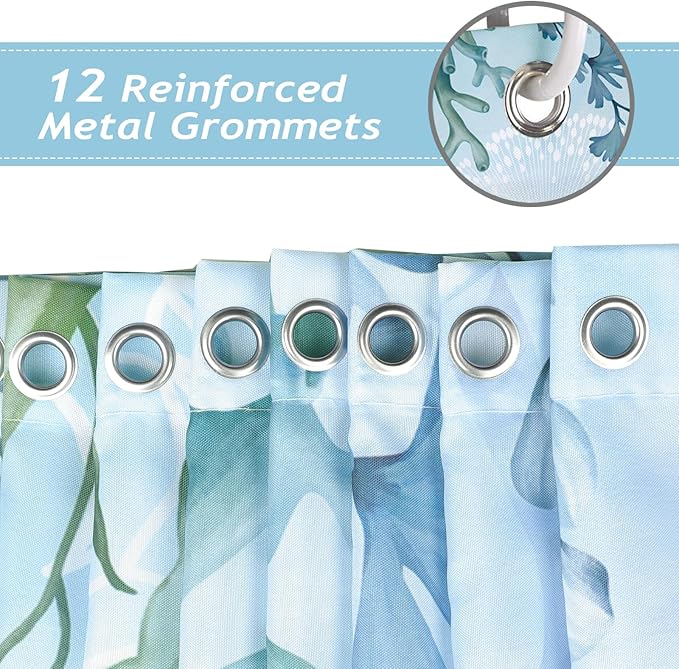 Bonhause Jellyfish Shower Curtain, Teal Blue Ocean Turtle Coastal Beach Bathroom Curtain 72x72 Inch Polyester Fabric Waterproof Bath Curtain with 12 Hooks