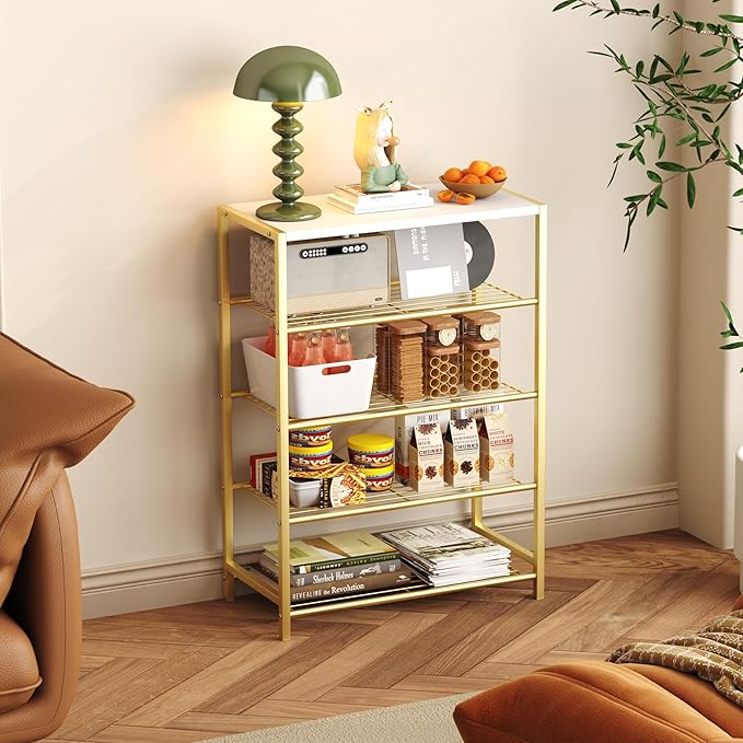 HOMEFORT 5-Tier Shoe Rack, Shoe Storage Shelf, Industrial Shoe Tower, Narrow Shoe Organizer for Closet Entryway, Small Shoe Rack Table with Durable Metal Shelves, Gold