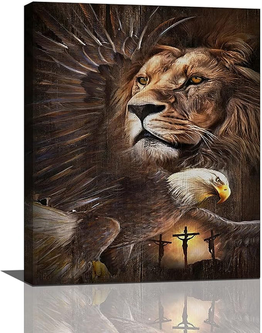 Lion Eagle Wall Art - Christian Lion Of Judah Canvas Prints - Masculine Modern Home Decor For Men - Living Room, Bedroom, Bathroom - Framed 16"x20"