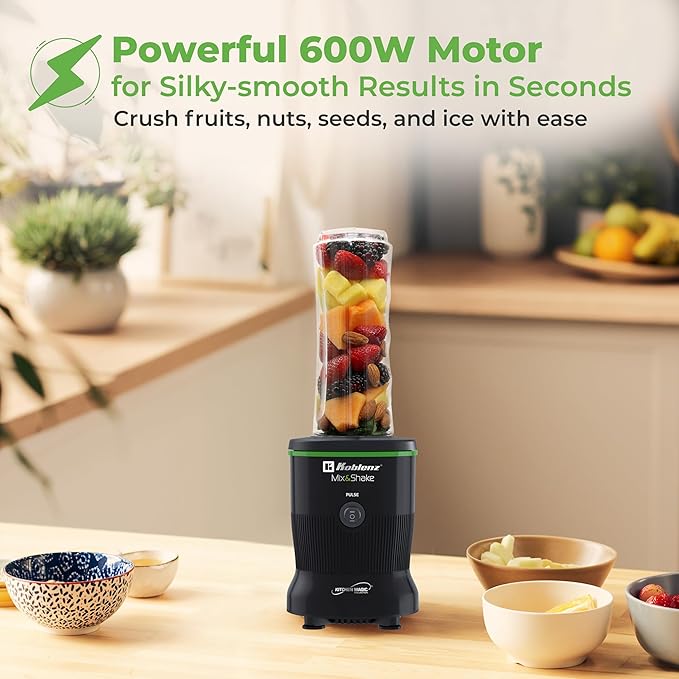 Koblenz Mix&Shake Blender, 20 oz Portable Blender, 600W Motor, Pulse, ON/OFF Functions, Stainless Steel Blades, Shakes, Sauces, Smoothie Maker, (1) 20 oz To-Go Bottle, Black, MSKM-600 N