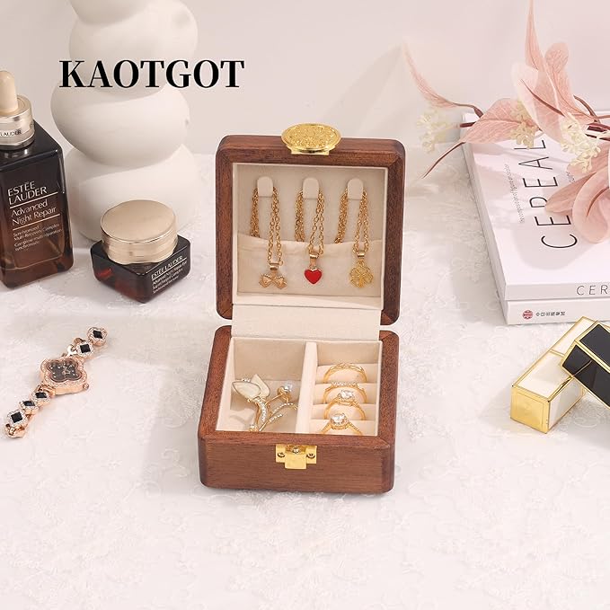 Travel Jewelry Case Wood Small Jewelry Box for Women Wood Jewelry Organizer Storage Holder For Earrings Rings Necklaces Velvet Wooden Jewelry Box With Lock