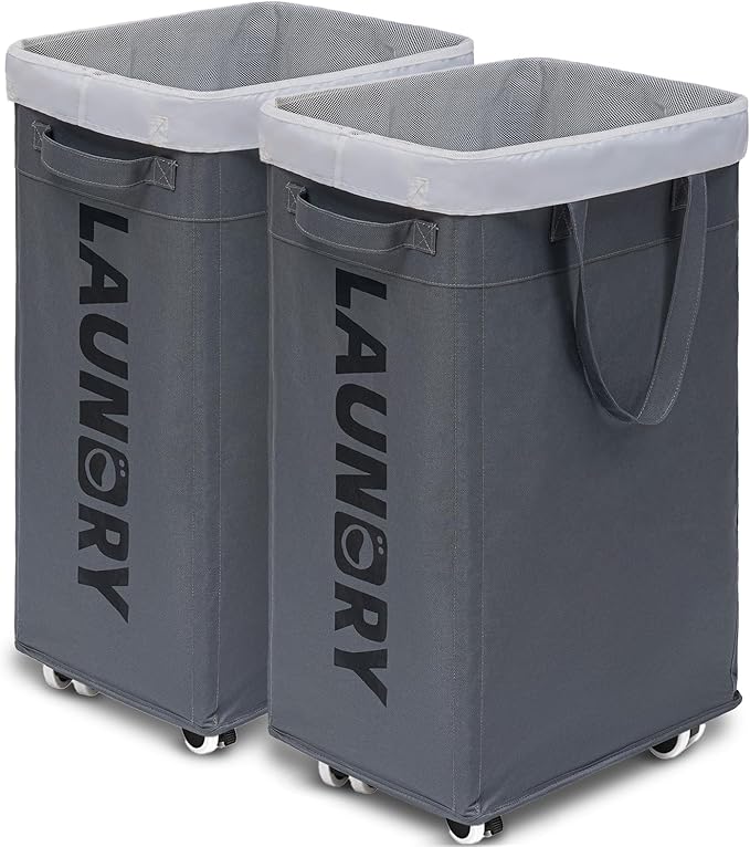 Goodpick Hamper with Wheels, 2-Pack 75L Foldable Laundry Baskets with Removable Wash Bags, Dirty Laundry Basket for Corner Dorm,Grey
