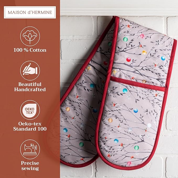Maison d' Hermine Double Oven Mitt (7" x 35") 100% Cotton Heat Resistant BBQ Cooking Gloves with Loop for Thanksgiving Christmas Decorations Baking Cooking Barbeque Handling Hot Pan (Fairy Christmas)