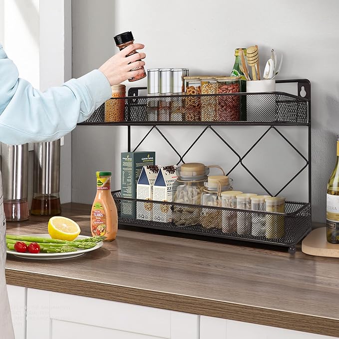2 Tier Metal Kitchen Counter-top or Wall Mount Spice Rack, Jars Storage Organizer, Cabinet Holder, spice seasoning organizer for Partry (Bronze)