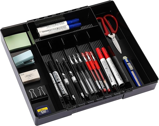 IEEK Silverware Organizer for Kitchen Drawers,Expandable Utensil Tray, Adjustable Cutlery and Flatware Holder,Plastic Drawer Dividers For Spoon Forks Knives Chopsticks Storage,Black-M