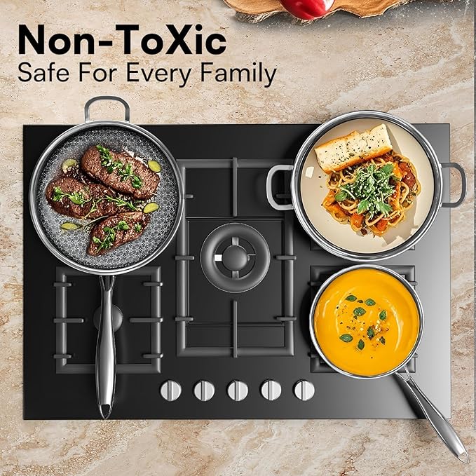 Non Stick Frying Pans Set with 3 Lid, Hybrid Pans Set Nonstick (8+10+12inch),Pan for cooking, nonStick Cookware, Dishwasher and Oven-Safe Cookware Sets, Stainless Steel Skillets