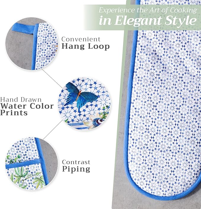 Maison d' Hermine Double Oven Mitts 100% Cotton 7"x35" Double Oven Mitt Heat Resistant BBQ Cooking Gloves with Loop, Baking, Grilling, Home, Kitchen, Handling Hot Pans Spring Summer (Passiflora)