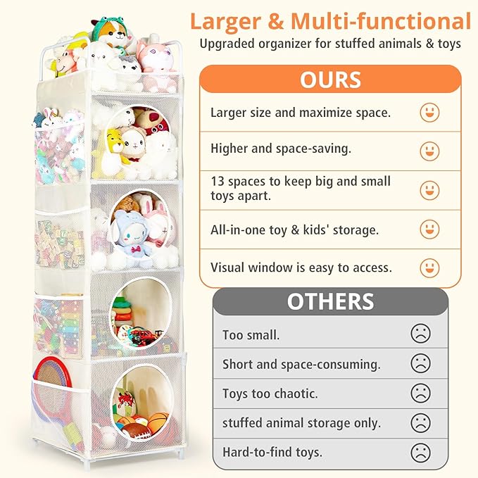 Stuffed Animal Storage, 5 Tier - 8 Side Pockets Toy Storage Organizer, 63.8" Space-Saving Corner Storage for Kids' Bedroom & Playroom, Ivory
