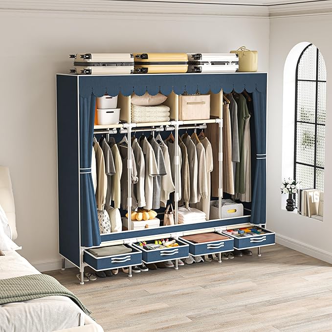 Portable Wardrobe with 4 Drawers and 3 Shelves, 67 Inch Large Capacity Freestanding Wardrobe Hanging Organizer with Lid for Bedroom, Blue