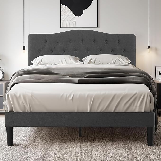 VECELO Full Size Bed Frame Upholstered Platform with Tufted Adjustable Headboard/Mattress Foundation Wood Slat Support/Easy Assembly,Grey