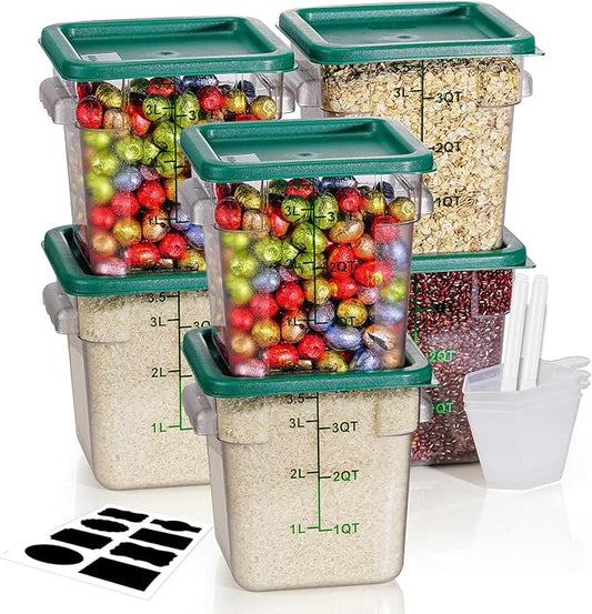 8QT NSF Food Storage Containers: 6PCS [Food Grade][Hot&Cold Resistant] Commercial Clear Food Storage Containers with Lids for Restaurant Kitchen Proof Dough, Measuring Spoons Included(GREEN)