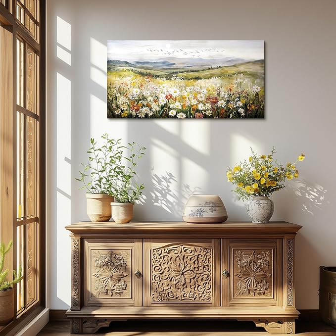 SERIMINO Mountain Floral Landscape Wall Art, Daisy Wildflower Large Canvas Painting, Hill Sunrise Scenery Wall Pictures, Modern Country Aesthetic Wall Decor Living Room Bedroom Art Prints 24X48 Inch