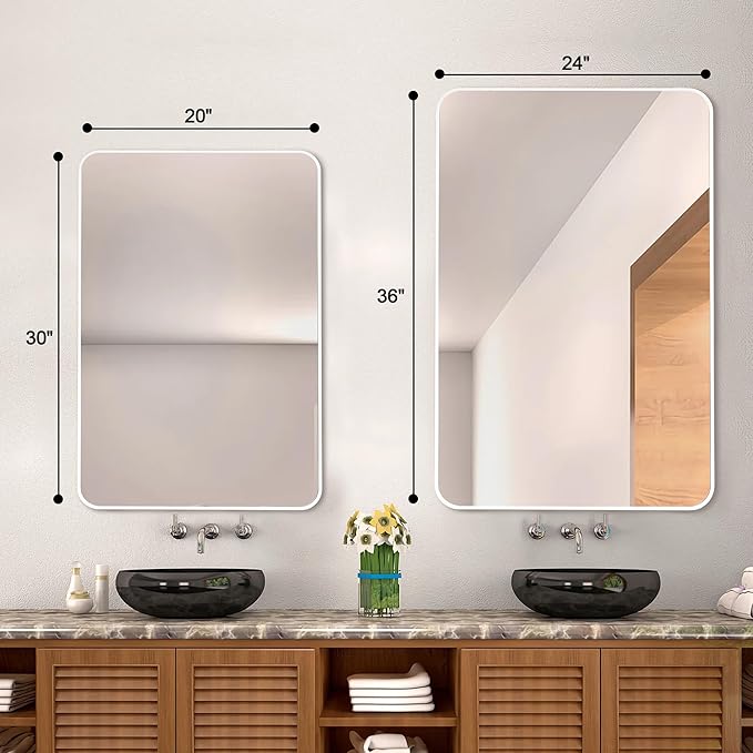 24x36 Inch White Framed Mirror for Bathroom, Rounded Coner Rectangle Mirrors for Wall with Tempered Glass Anti-Rust, Shatterproof Mirror (Horizontal/Vertical Hanging)