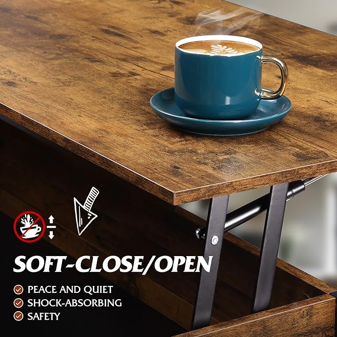 WLIVE Coffee Table, 41.3" Lift Top Coffee Table with 4 Wheels, Hidden Compartment, Storage Shelf and Lift Tabletop for Living Room, Reception Room, Rustic Brown