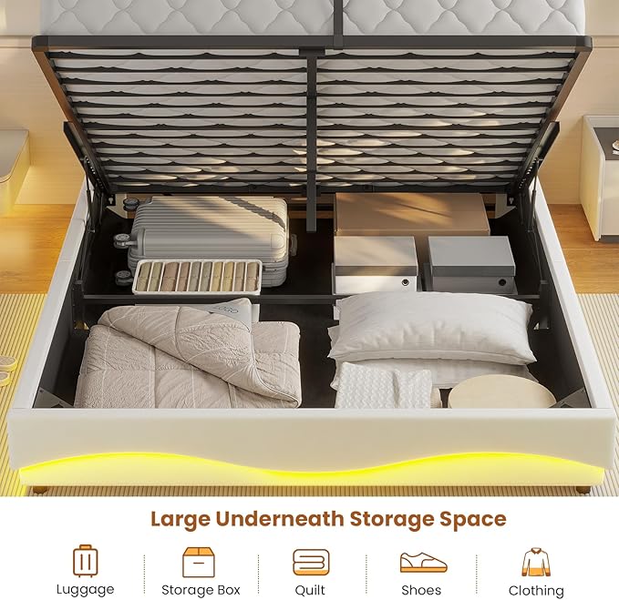 ADORNEVE Lift Up Storage Full Bed Frame with LED Lights, Hidden Storage Headboard and Charging Station, Upholstered Platform Bed, LED Bed with Hydraulic, No Box Spring Needed, Creamy White