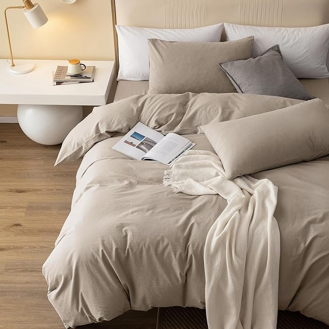 JIYUAN 100% Washed Cotton Duvet Cover Set 3 Pieces Queen, 1 Duvet Cover 90x90 Inches(Comforter Not Included) and 2 Pillowcases,Linen Feel Bedding Set Comfy and Breathable, Heathered Tannish Linen Grey