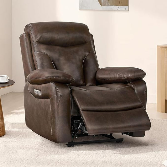 Leather Recliner Chair Wall Hugger Recliner with Adjustable Headrest and Footrest Electric Power Reclining Sofa with USB/Type-C Charging for RV Living Room Bedroom