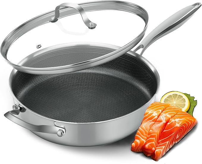 Non Stick Frying Pans,Hybrid Frying Pan with Lid,Non Toxic Frying Pans Nonstick,Stainless Steel Skillet,Dishwasher and Oven-Safe,Compatible with All Cooktops,Induction,11 in