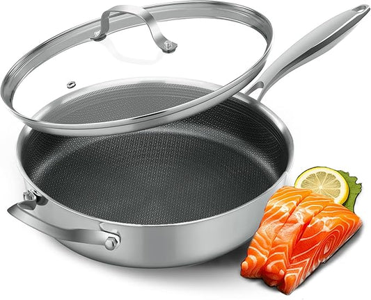 Non Stick Frying Pans,Hybrid Frying Pan with Lid,Non Toxic Frying Pans Nonstick,Stainless Steel Skillet,Dishwasher and Oven-Safe,Compatible with All Cooktops,Induction,11 in