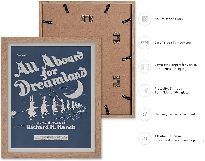 Poster Master All Aboard For Dreamland Poster - Retro Children's Lullaby Print - Story Book Art - Bunny Art - Rabbit Art - Aesthetic Art - Kid's Bedroom or Nursery Wall Decor, 16x20 Beige Framed