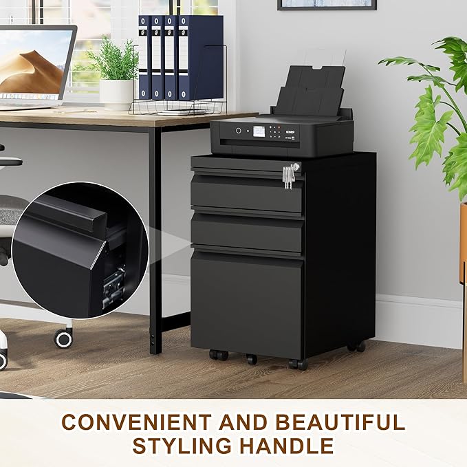 Metal Mobile File Cabinet with Lock and 4 Keys - Fully Assembled, Under Office Desk 3 Drawers Filing Cabinet for Home Office with Anti-tilt Wheels, A4/Legal/Letter Hanging File Drawers