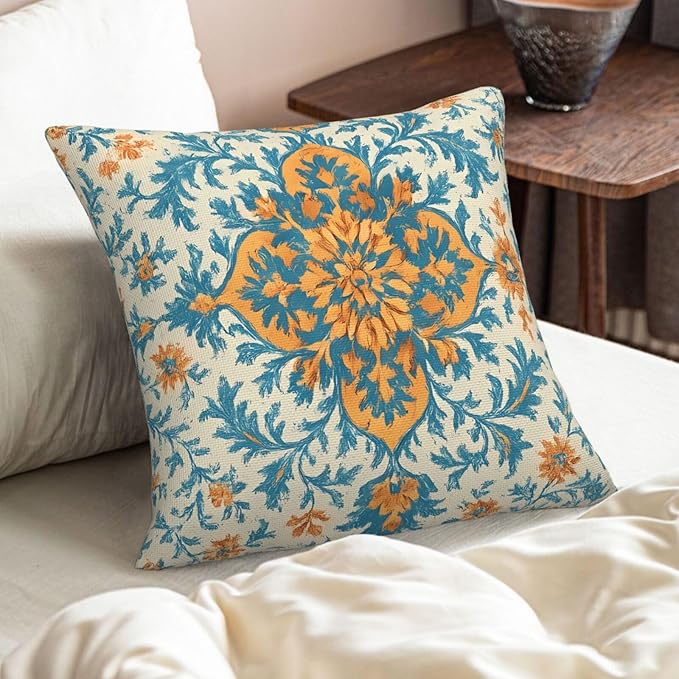 Blue Orange Boho Pillow Covers 16x16 Inch Set of 2 Ethnic Carpet Pattern Floral Outdoor Decorative Throw Pillows Fall Vintage Cushion Covers for Sofa Bed Couch Living Room Decor