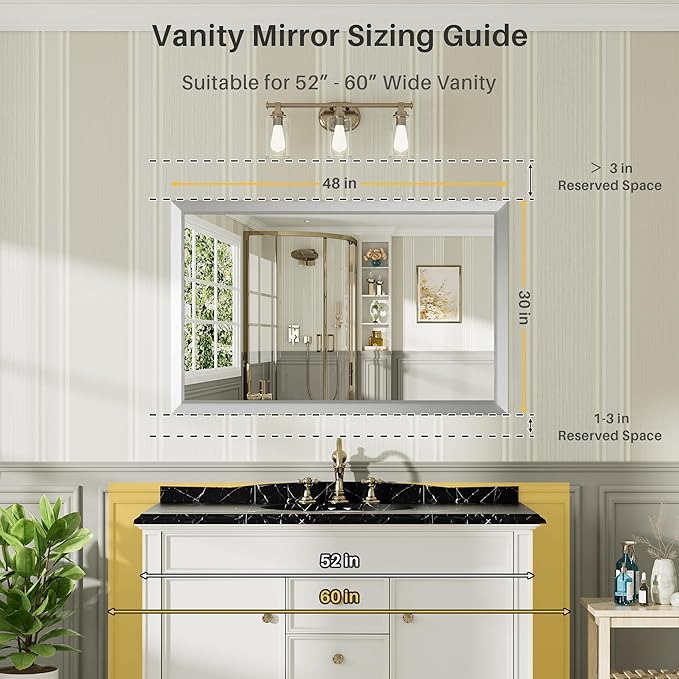 48x30 Inch Silver Bathroom Mirror for Wall, Thick Metal Framed Rectangle Mirrors for Over Sink, Bedroom, Living Room, Entryway, Anti-Rust, HD Tempered Glass