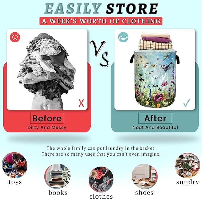 Colorful Flowers Laundry Basket Foldable Oxford Cloth Colorful Dargonfly Laundry Hamper With Handle Portable Clothes Storage Basket 18.9 X 16.5 Inch Storage Bag For Laundry Room/Bathroom/Bedroom