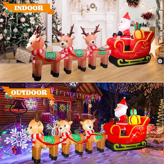 Bshine Christmas Inflatable Outdoor Decorations,12FT Long Santa Claus on Sleigh with Reindeer Deer Sign, Christmas Blower Up with LED Lighted for Holiday Outdoor/Indoor Home Garden Yard Lawn Decor