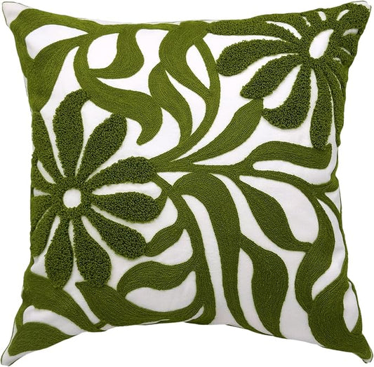 Alysheer Farmhouse Floral Leaves Embroidered Decorative Throw Pillow Cover 18x18 inches, Boho Tufted Flowers Embroidery Pattern Chic Cotton Cushion Case for Couch Bed Sofa Living Room(Olive Green)