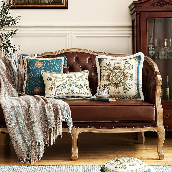 patdrea Designer Square Throw Pillow Covers Set of 2,French Floral Blue Farmhouse Linen Vine Branch Pattern Pillow Cover,Decorative Pillowcases Cushion for Bed Living Room Outdoor Car,18"x18"