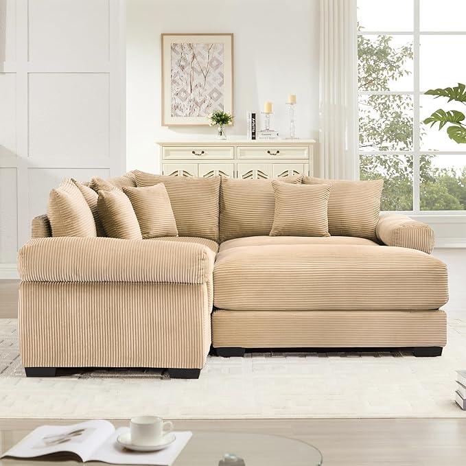 KEIKI 79" L-Shaped Oversized Corduroy Modular Cloud Sectional Sofa with 1 Ottoman, High-Density Foam Cushion, Extra-Thick Armrest, 3-Seater Fluffy Corner Couch with 10 Pillow, for Living Room, Camel