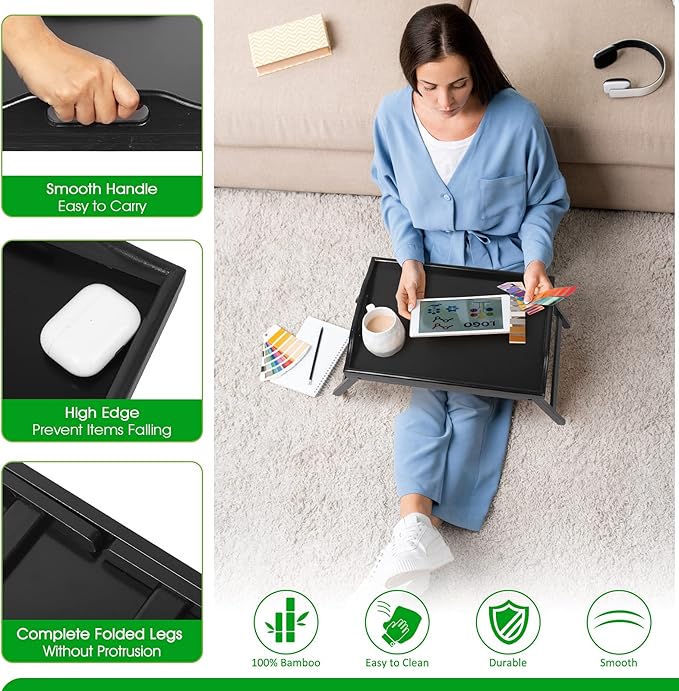 Bed Tray Table Folding Legs with Handles Breakfast Food Tray for Sofa,Bed,Eating,Drawing,Platters Serving Lap Desk Snack Tray(Black Medium)