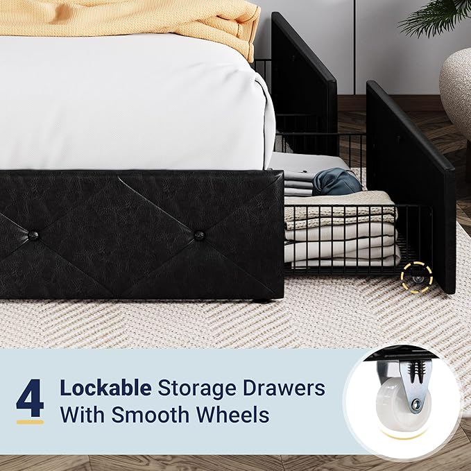 Allewie King Size Black Metal Faux Leather Platform Bed Frame with 4 Drawers