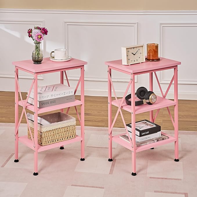 VECELO End Table Set of 2, Bedside Table, 24" Tall Living Room End Tables, X-Design Reinforced Nightstands, Side Table with 3-Tier Storage Shelves for Small Spaces, Office, Bedroom, Pink