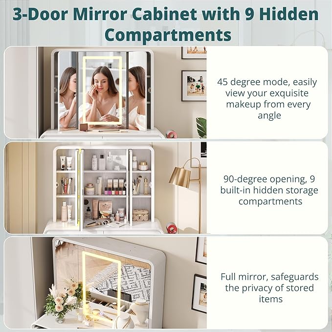 IRONCK Vanity Makeup Desk with 3-Sided Foldable LED Mirror, Create Your Glam Space with 9 Secret Storage Shelves, Built-in Charging, White Elegant Curved Dressing Table