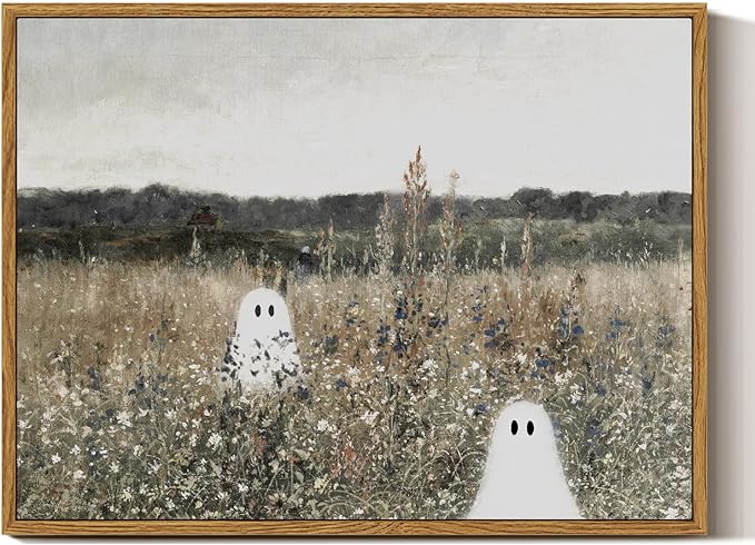 InSimSea Framed Canvas Prints Art Ghost Decor, Vintage Halloween Meadow with Flowers Painting, Spooky Gothic Decor, Rustic Landscape Pictures for Living Room, 12x16inch