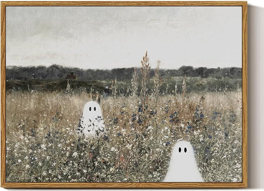 InSimSea Framed Canvas Prints Art Ghost Decor, Vintage Halloween Meadow with Flowers Painting, Spooky Gothic Decor, Rustic Landscape Pictures for Living Room, 12x16inch