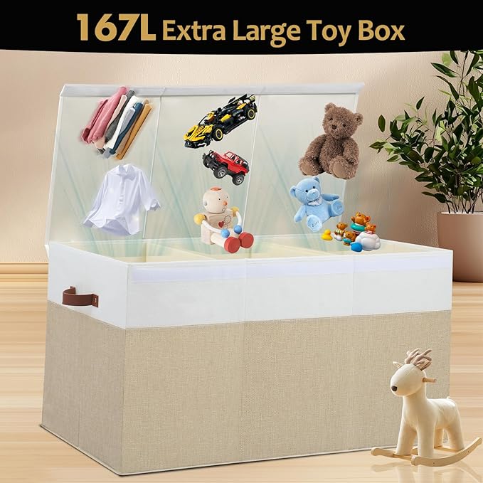 Extra Large Toy Storage Box with Lid, Sturdy Toys Storage Chest Bin Organizer Basket with Dividers for Kids, Boys, Girls, Nursery, Closet, Bedroom, Playroom 35.5"x17" x17" (Beige and White)