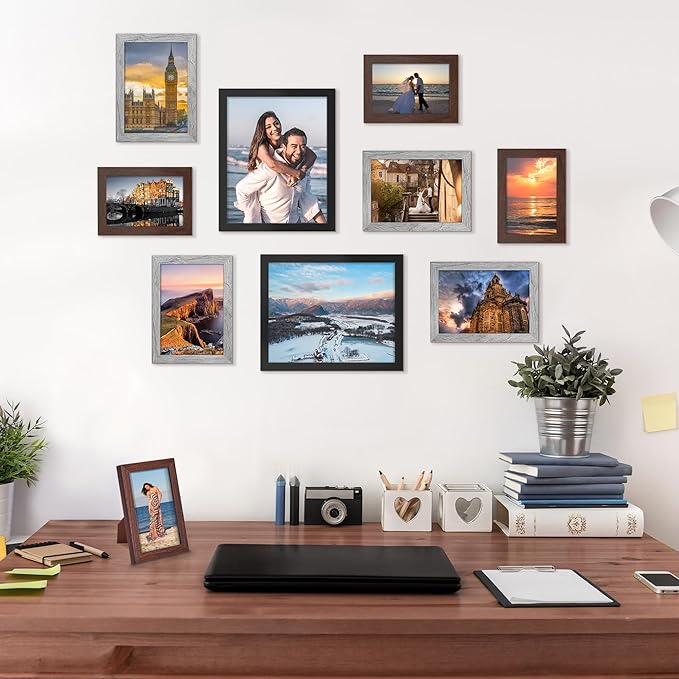 upsimples 10 Pack Picture Frames Collage Wall Decor for Mounting or Tabletop Display, Photo Gallery Frame Set for Family, Multi Sizes Including 8x10, 5x7, 4x6, Black Gray Brown